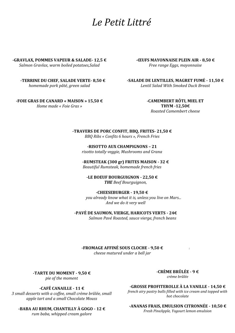Le Petit Littré menu 1