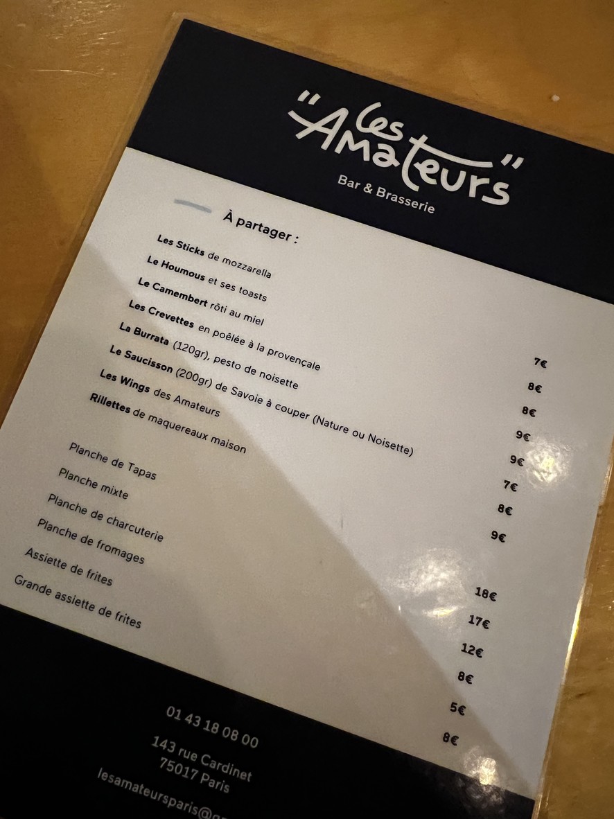 The Amateurs menu 1