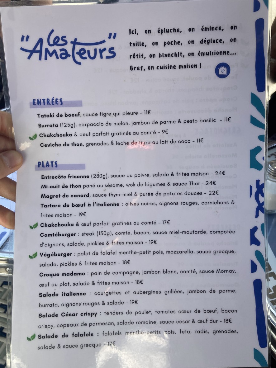 The Amateurs menu 2