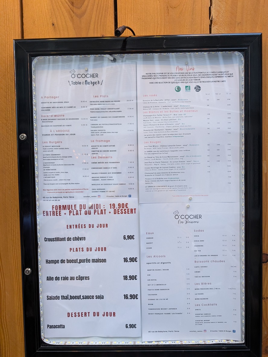 Restaurant Ô'Cocher Table & Burger & Cave à vin Restaurant Paris 7 menu 1