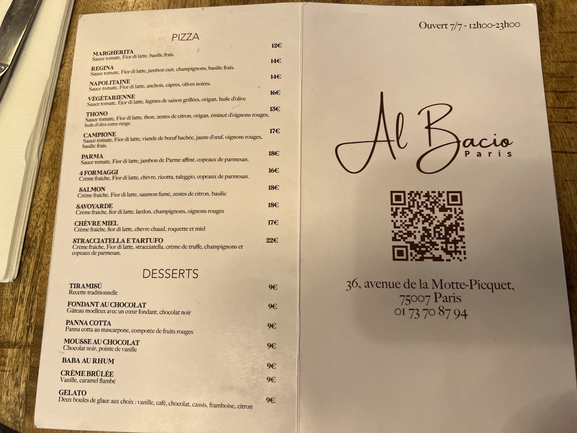 Al Bacio menu 1