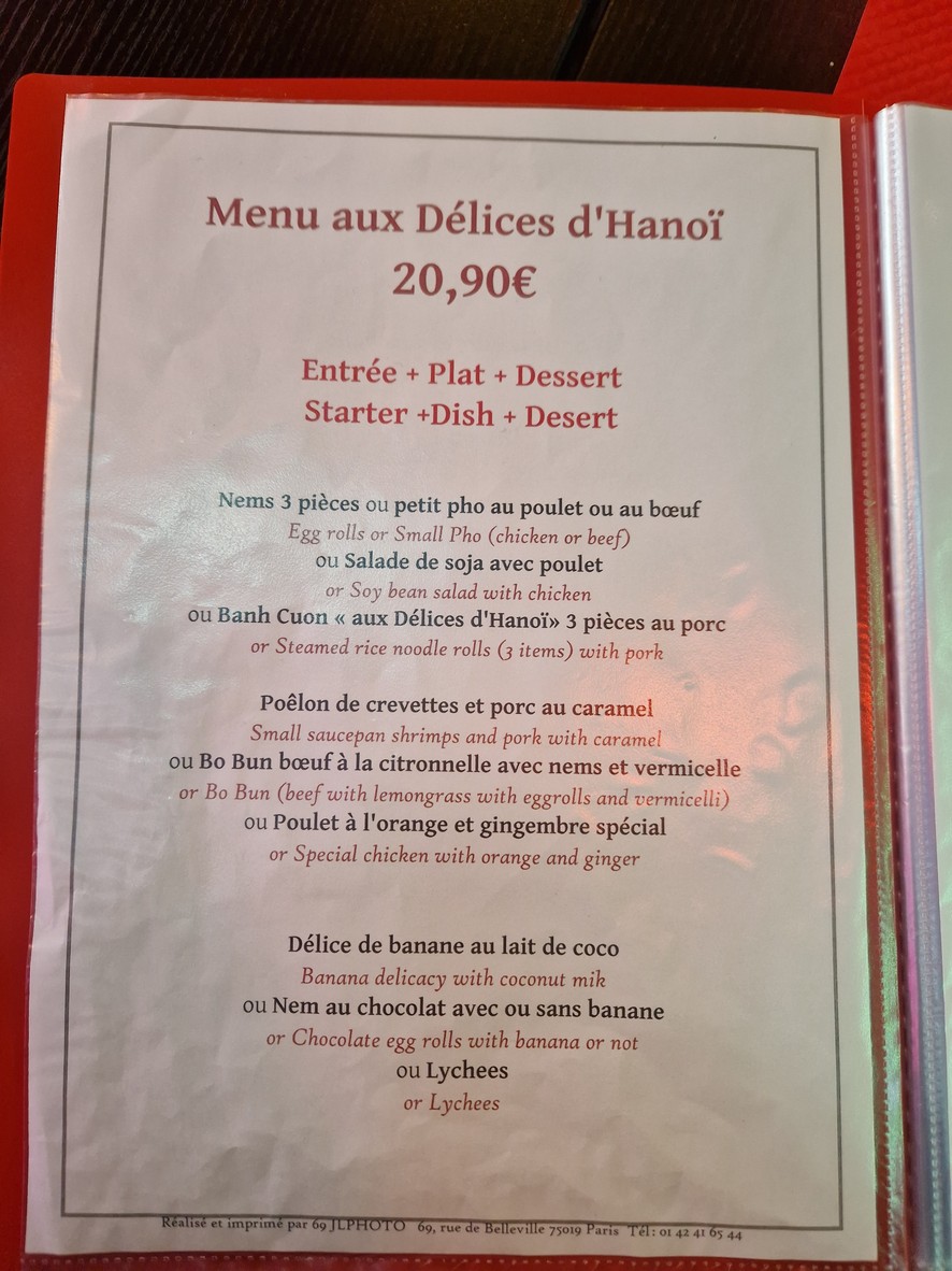 Restaurant Aux Délices D´HaNoi menu 1