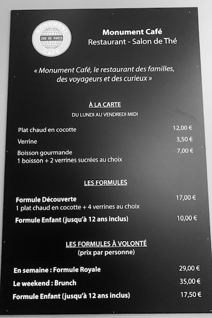 Monument Café Zoo de Paris menu 1
