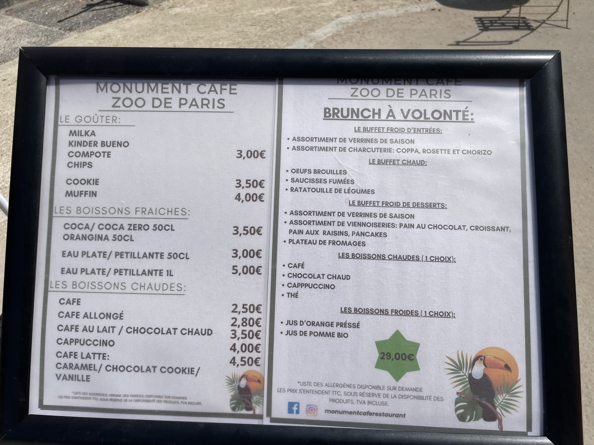 Monument Café Zoo de Paris menu 2