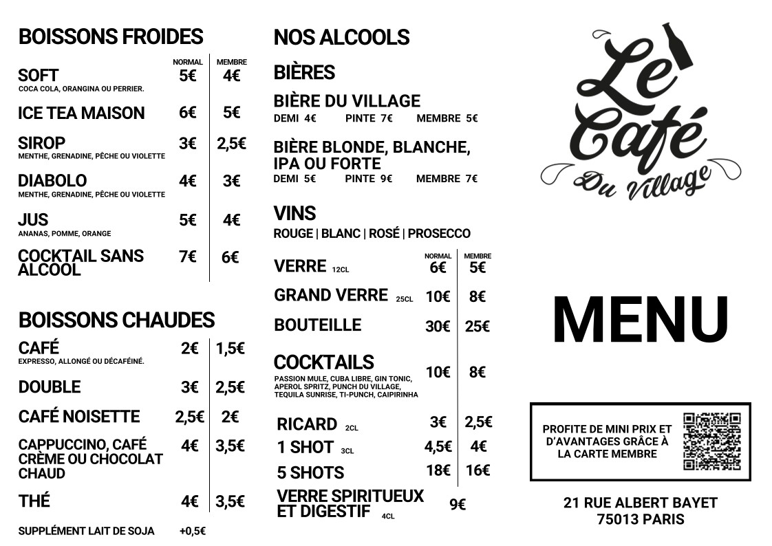 Le Café du Village Paris menu 1