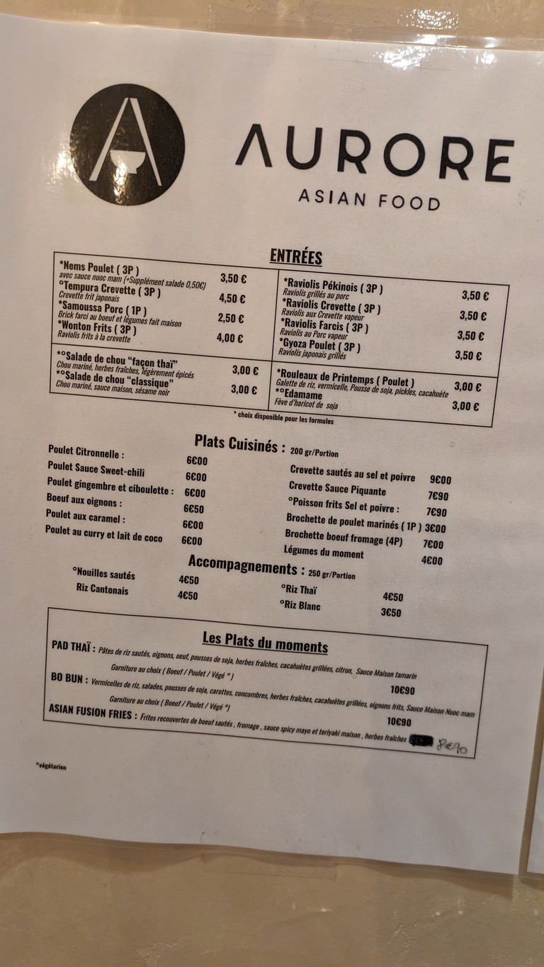 Aurore Asian Food menu 1