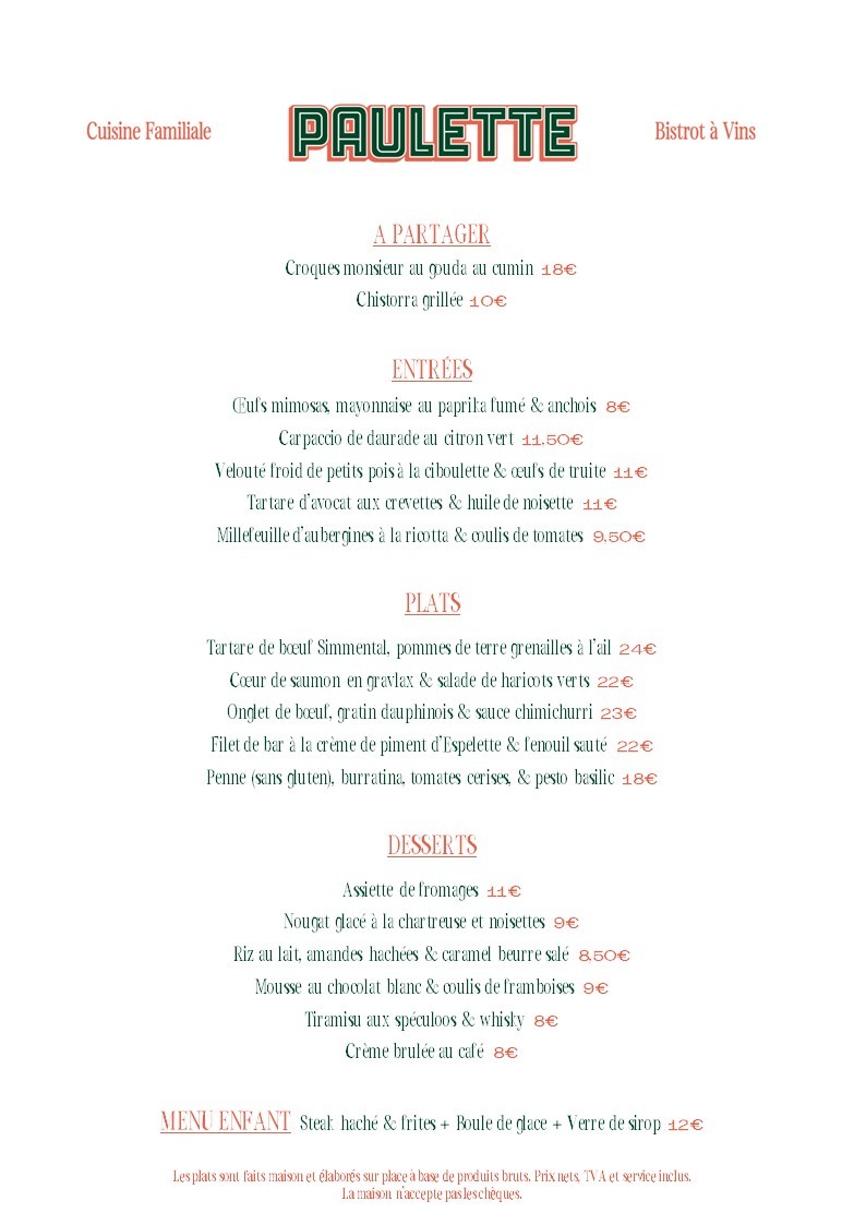 Paulette - Restaurant Vincennes menu 1