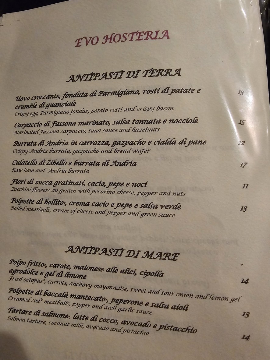 EVO Hosteria Trastevere menu 1