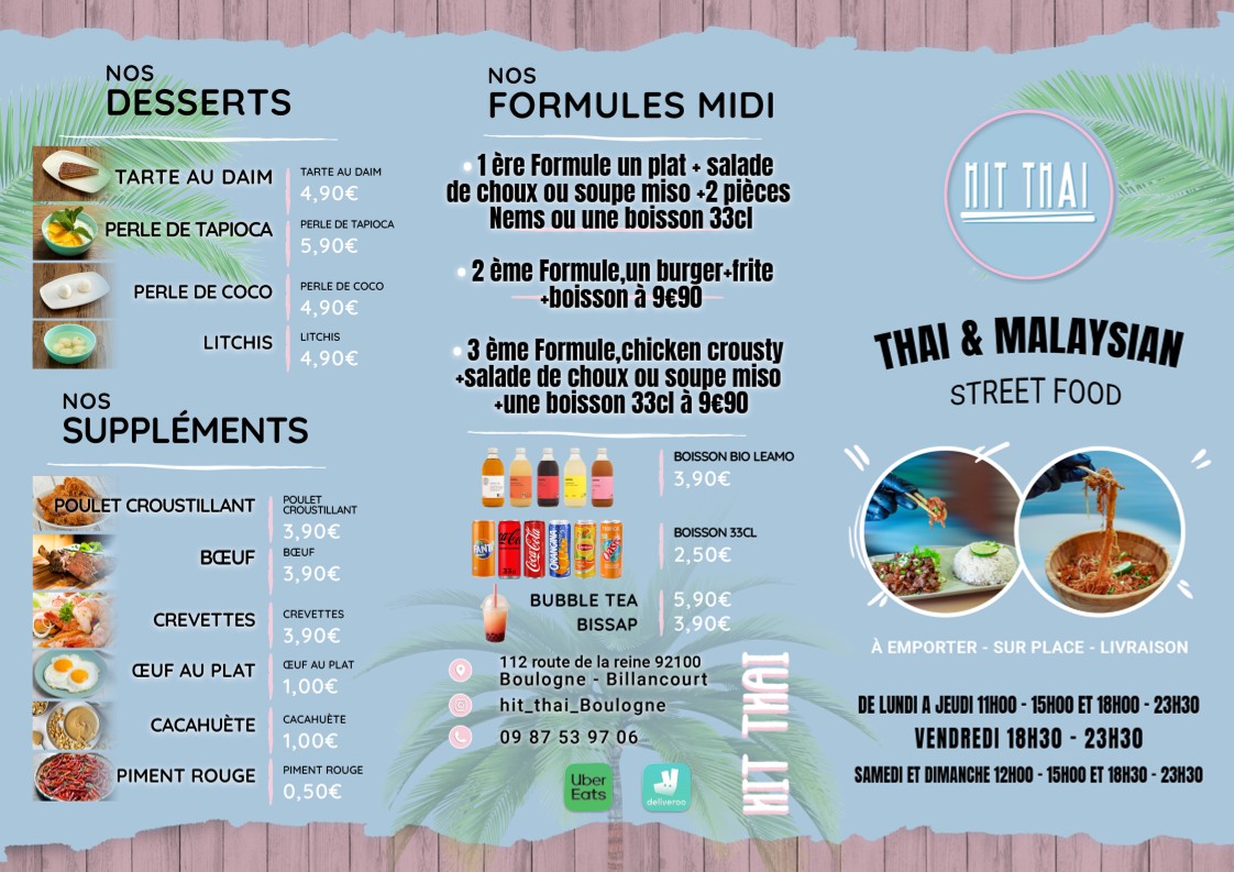 Hit Thaï - Restaurant Thaï, Malaisien, Indonésien Boulogne menu 1
