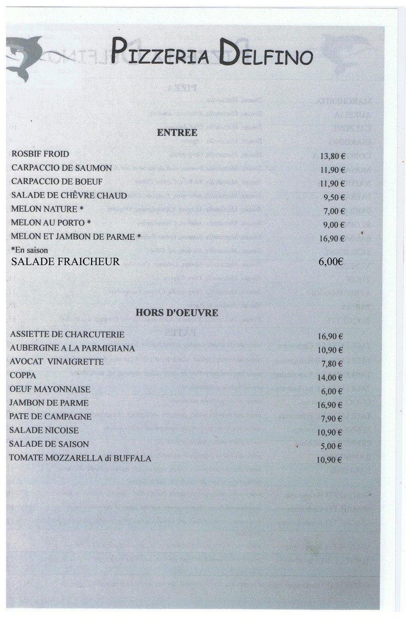 Restaurant Italien Pizzeria Paris 13e Le Delfino menu 1