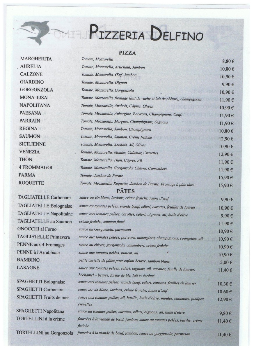 Restaurant Italien Pizzeria Paris 13e Le Delfino menu 2