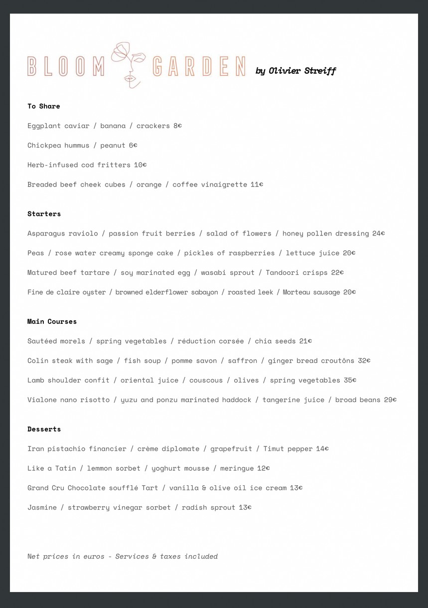 BLOOM GARDEN Restaurant & Bar à cocktails menu 2