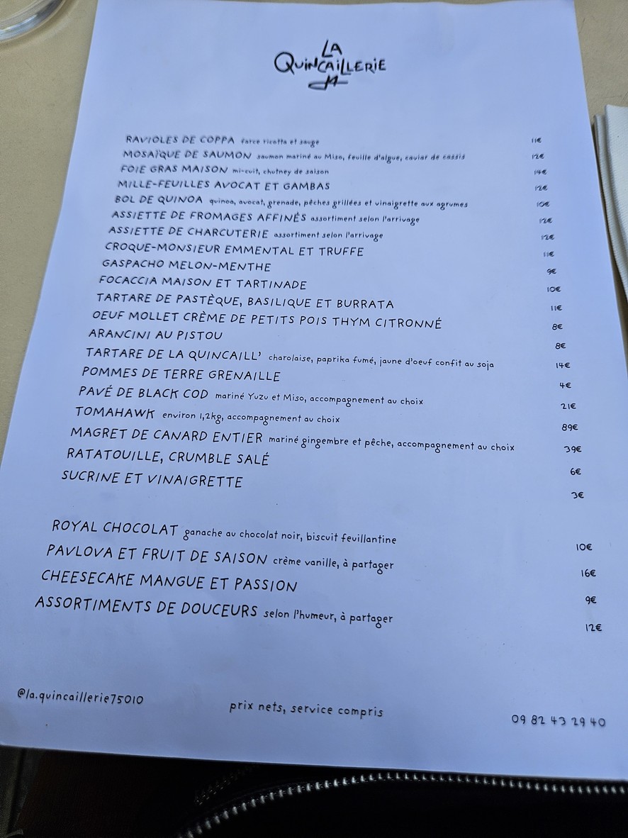 La Quincaillerie menu 1