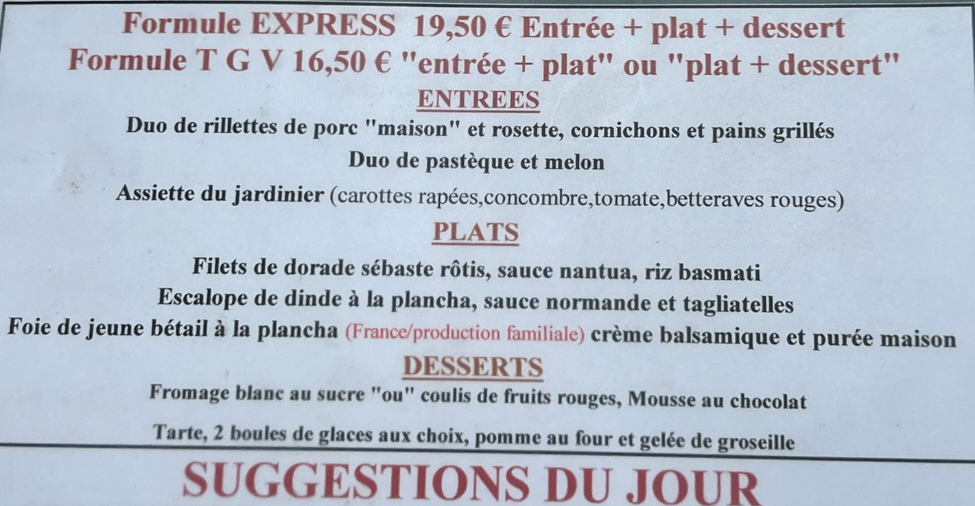 La Table des Troys menu 1
