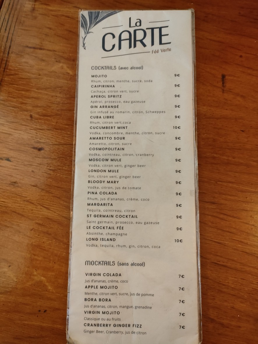 La Fée Verte menu 2