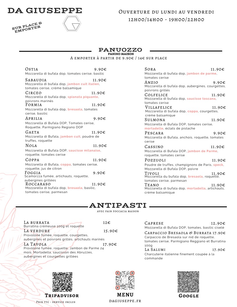 Restaurant Da Giuseppe - Pizzeria Paris 10 menu 1
