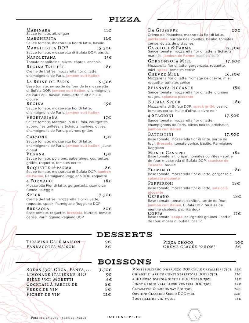 Restaurant Da Giuseppe - Pizzeria Paris 10 menu 2