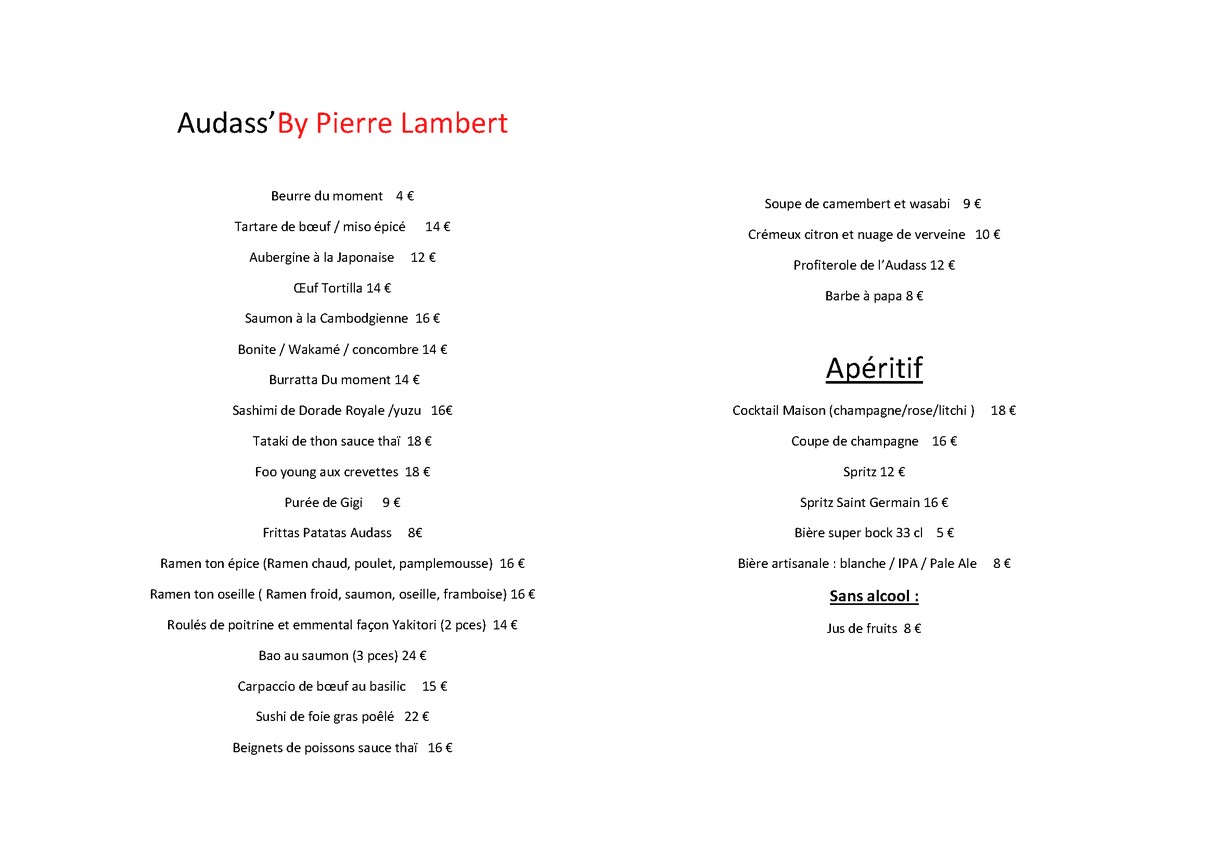 Audass' by Pierre Lambert menu 2