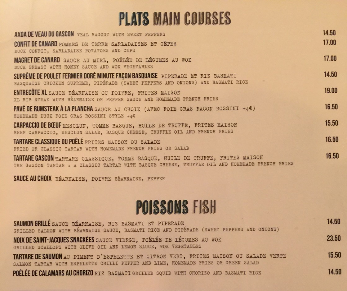 Les Bons Garçons menu 1