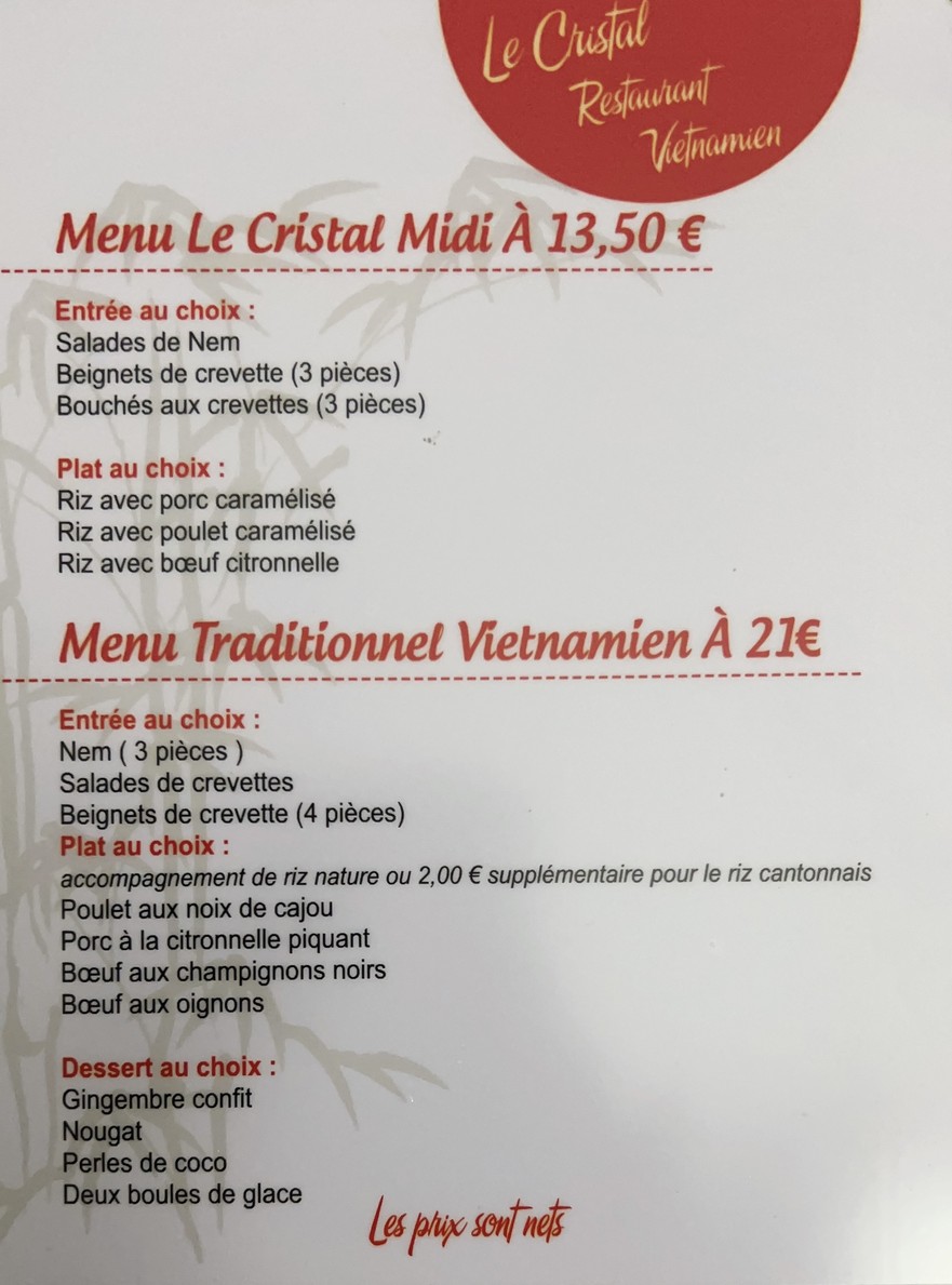 Restaurant Vietnamien Le Cristal menu 1