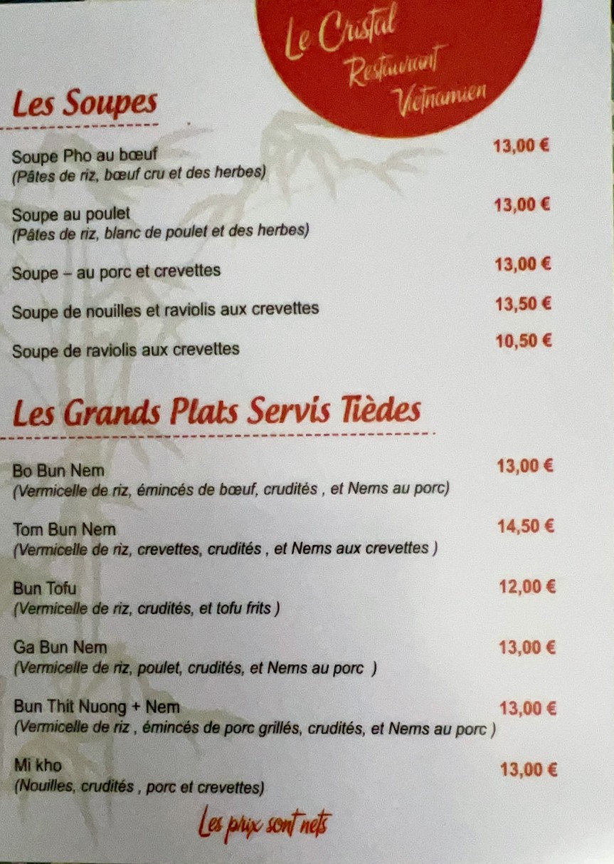 Restaurant Vietnamien Le Cristal menu 3