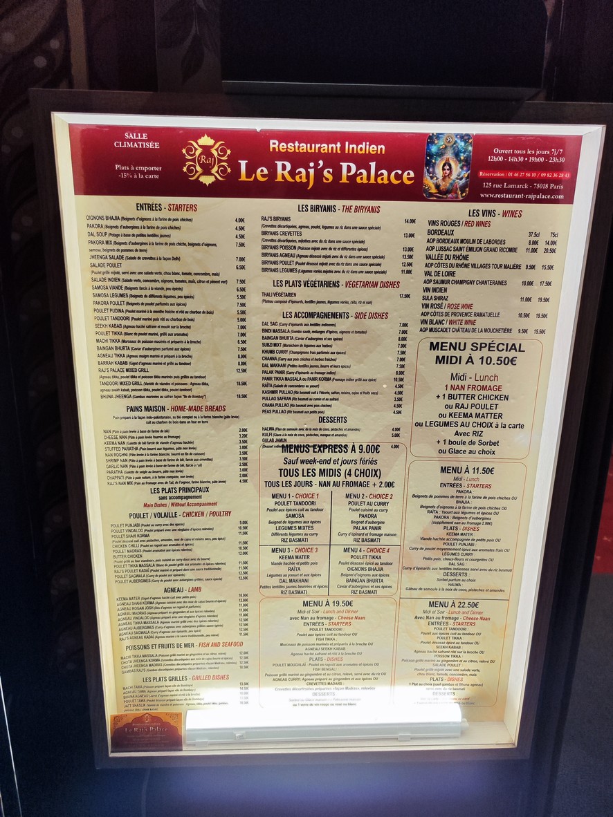 LE Raj’s Palace Restaurant indien menu 1