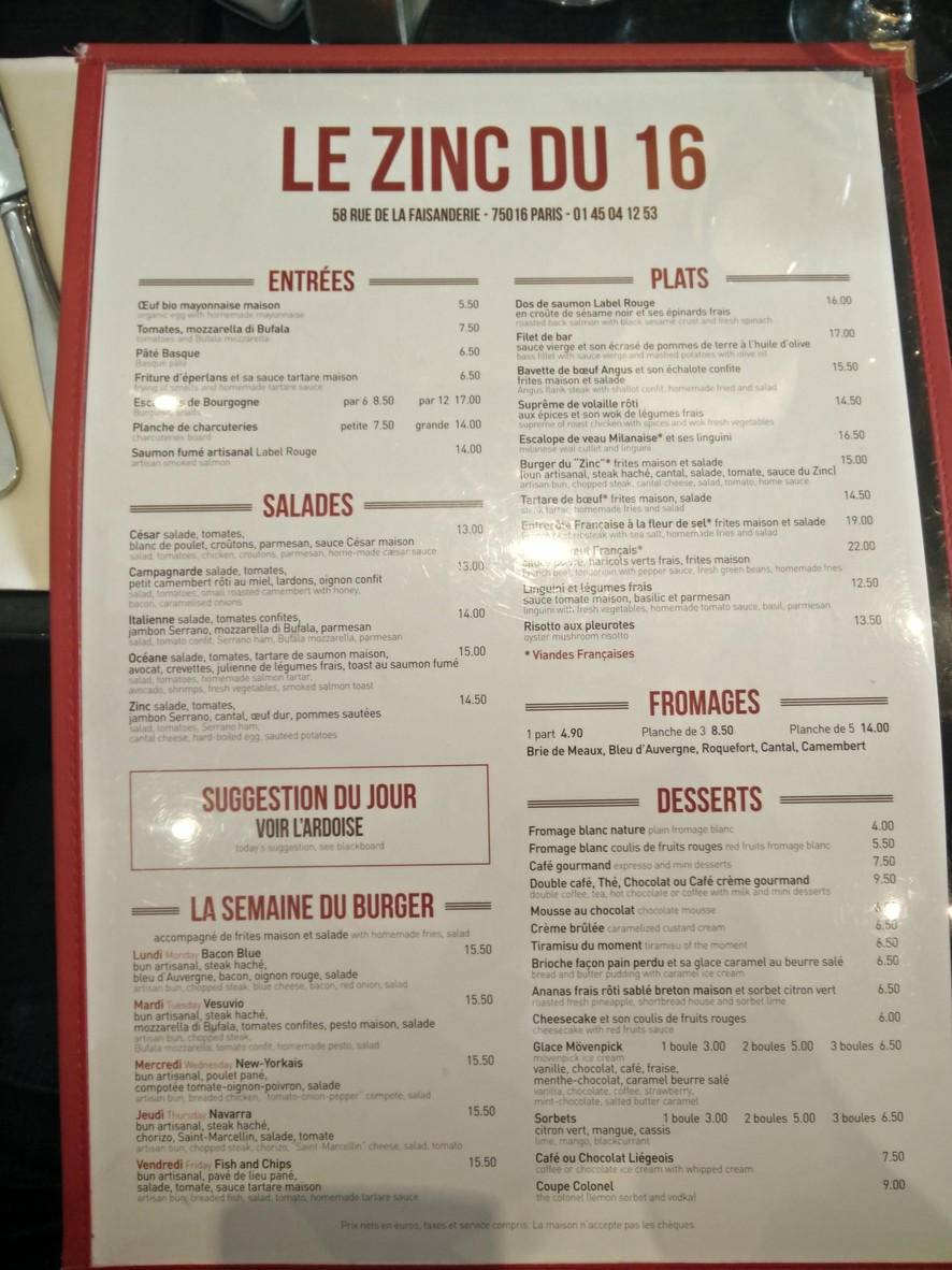 Le Zinc du 16 menu 1