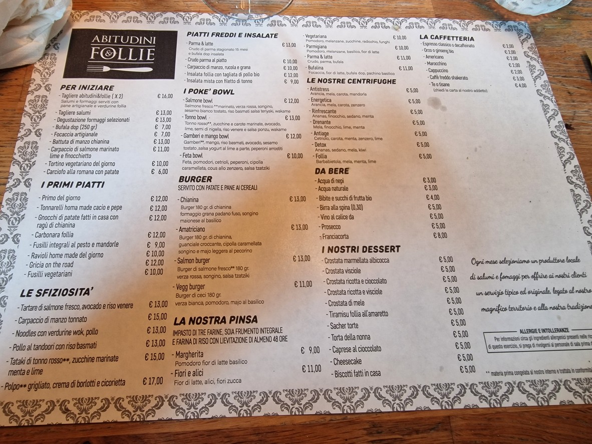 Abitudini e Follie menu 1