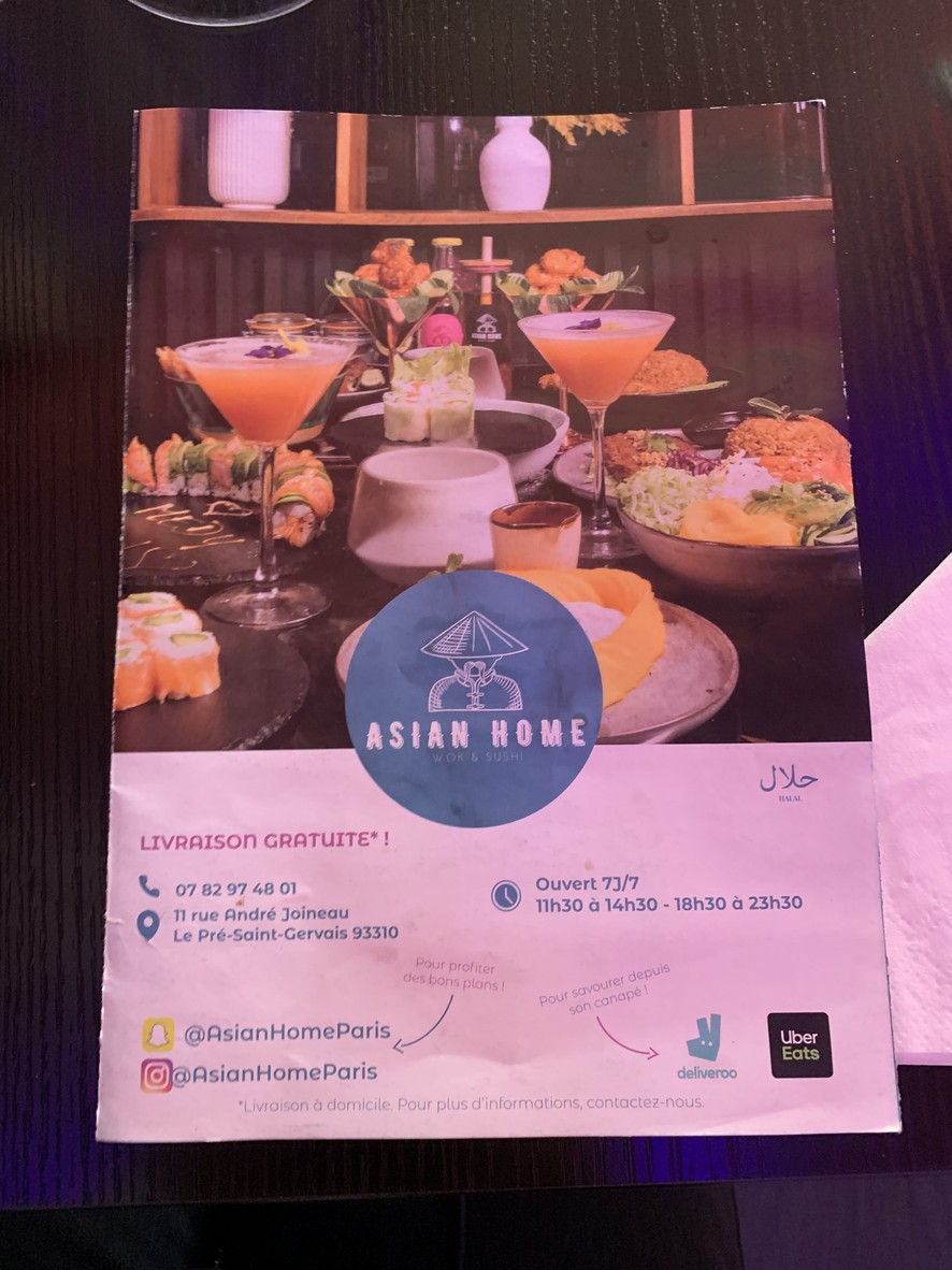 Asian Home Paris menu 1