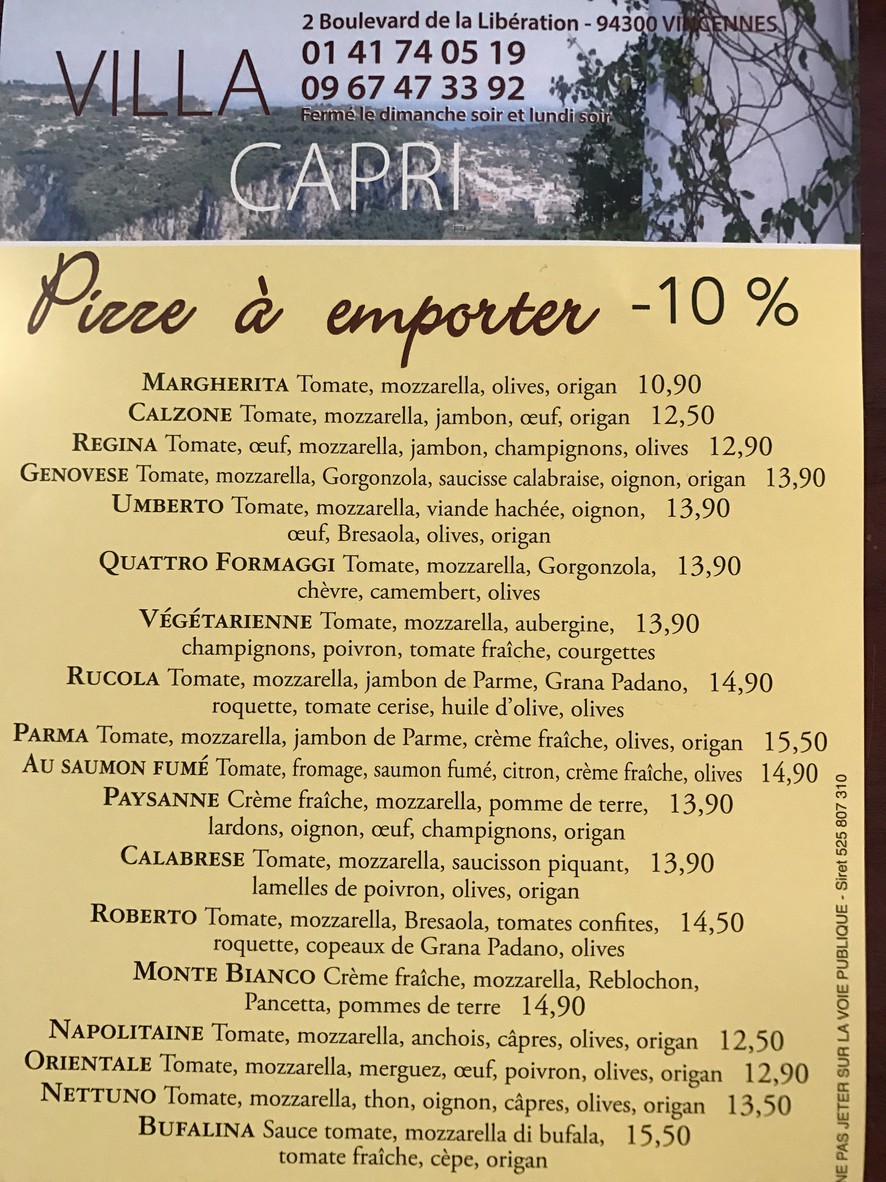 Villa de Capri menu 1
