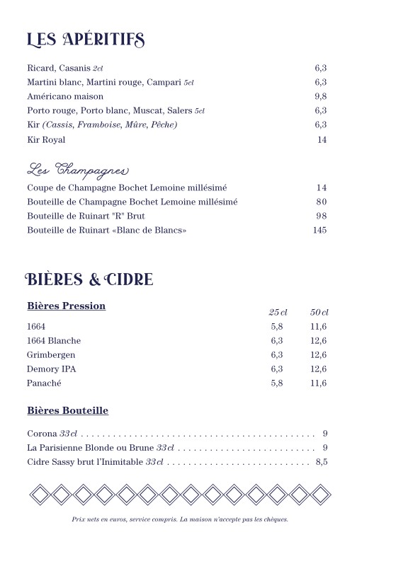 La Demeure Monceau menu 2