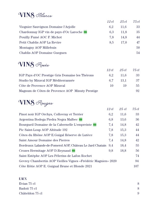 La Demeure Monceau menu 3