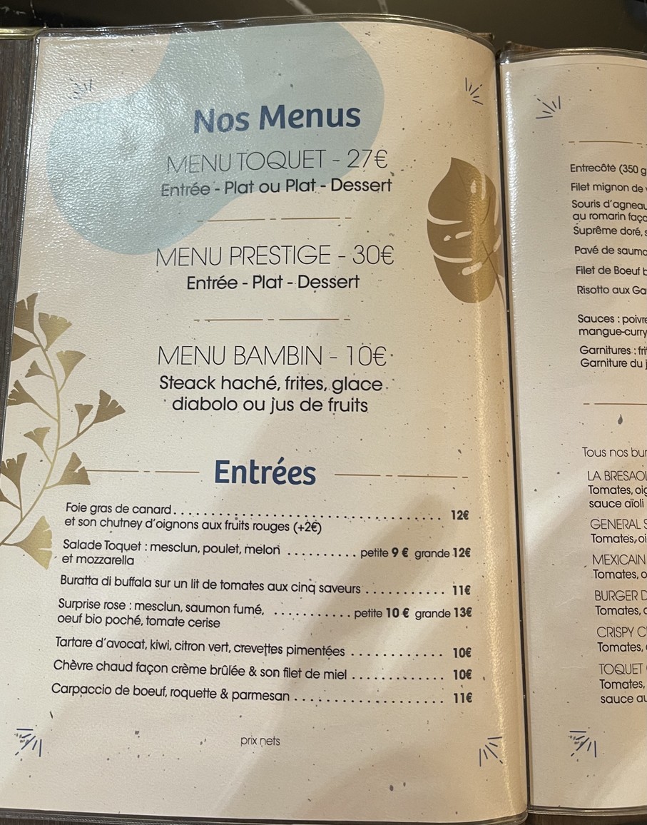 Le Toquet menu 1