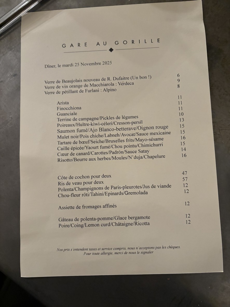Gare au Gorille menu 1