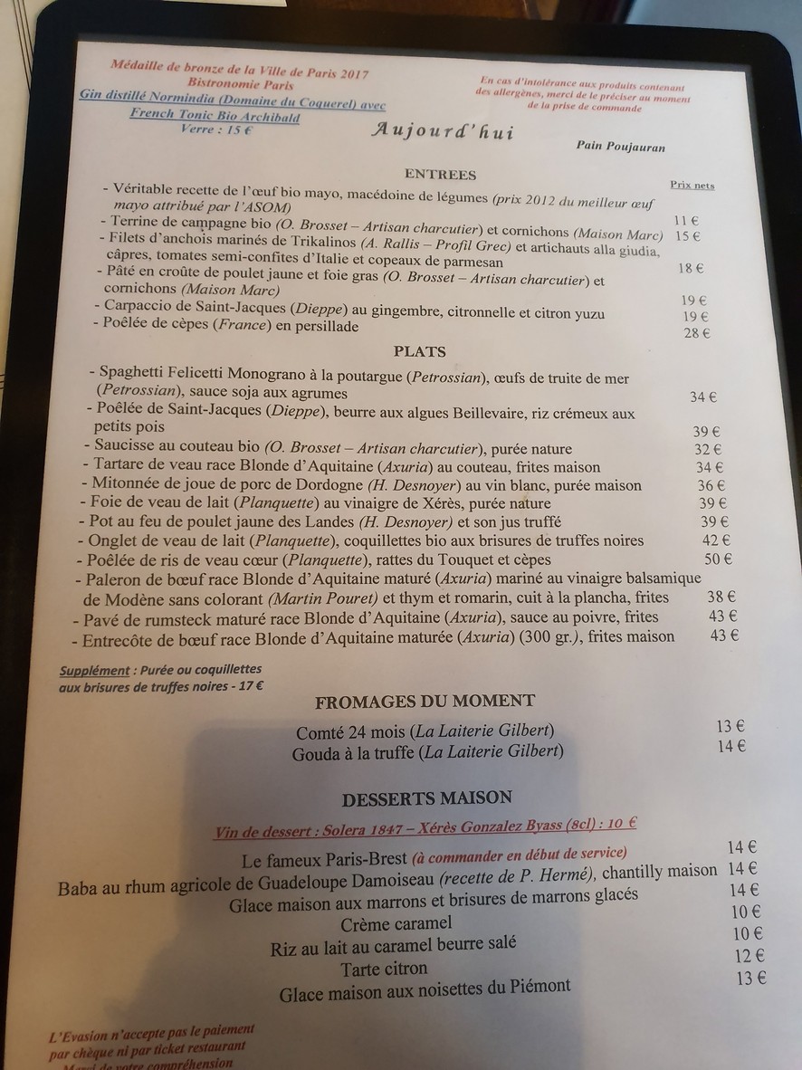L'Evasion menu 1