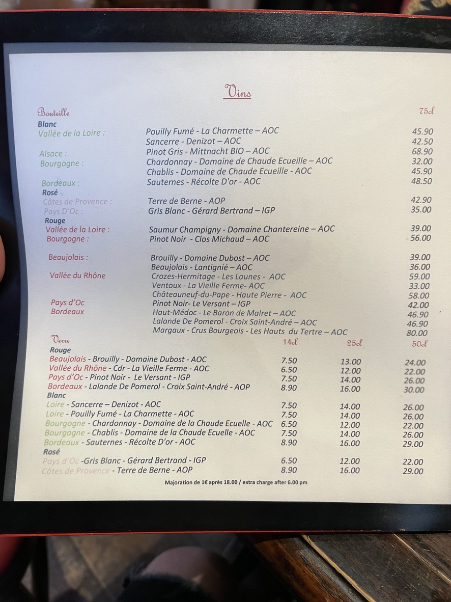 Le Champ de Mars menu 3