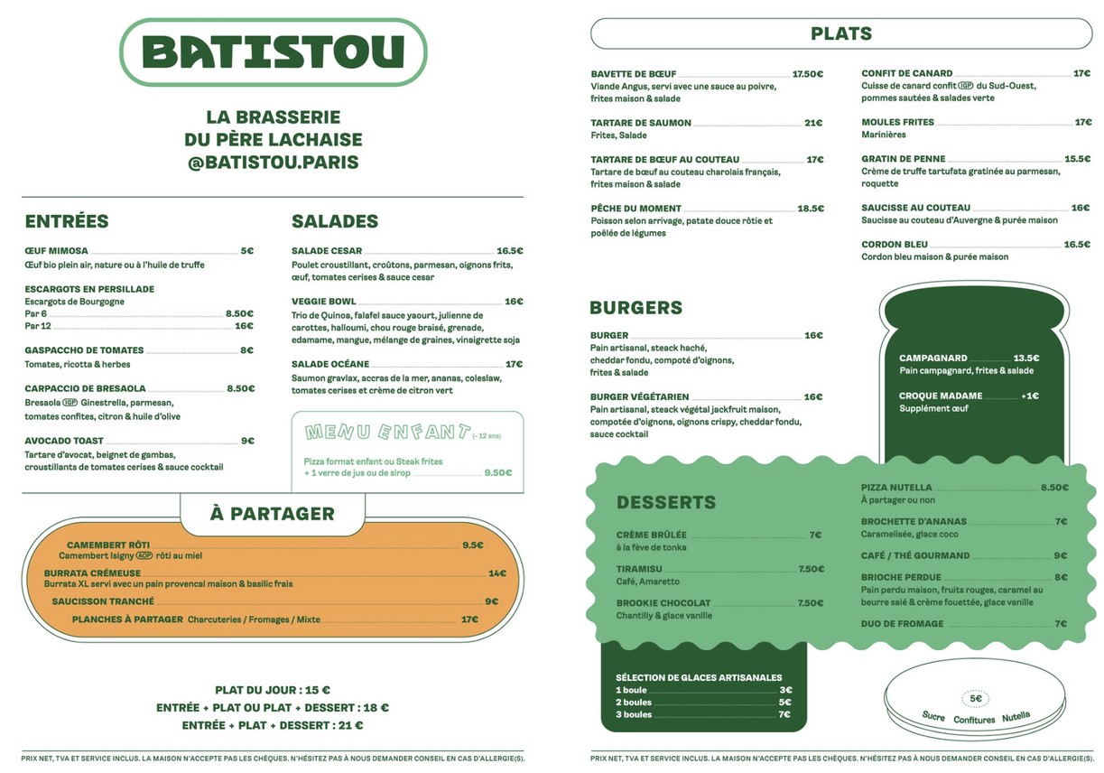 Batistou - Restaurant Père-Lachaise menu 1