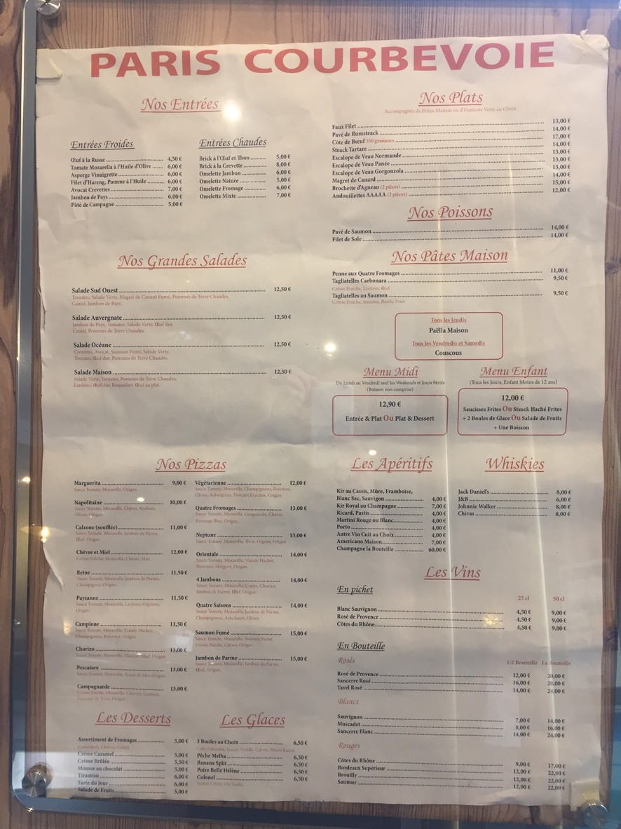 Paris Courbevoie menu 1
