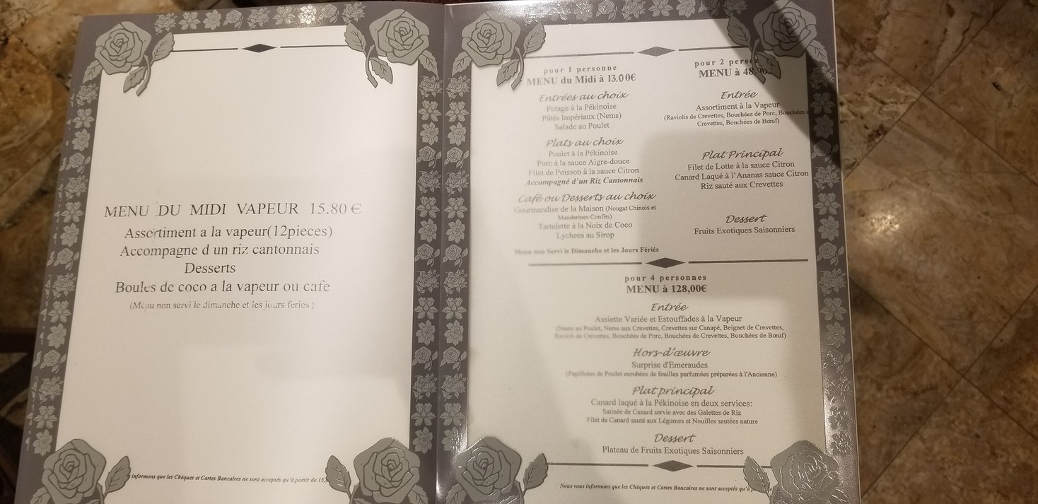 Ambassade de Pékin menu 1