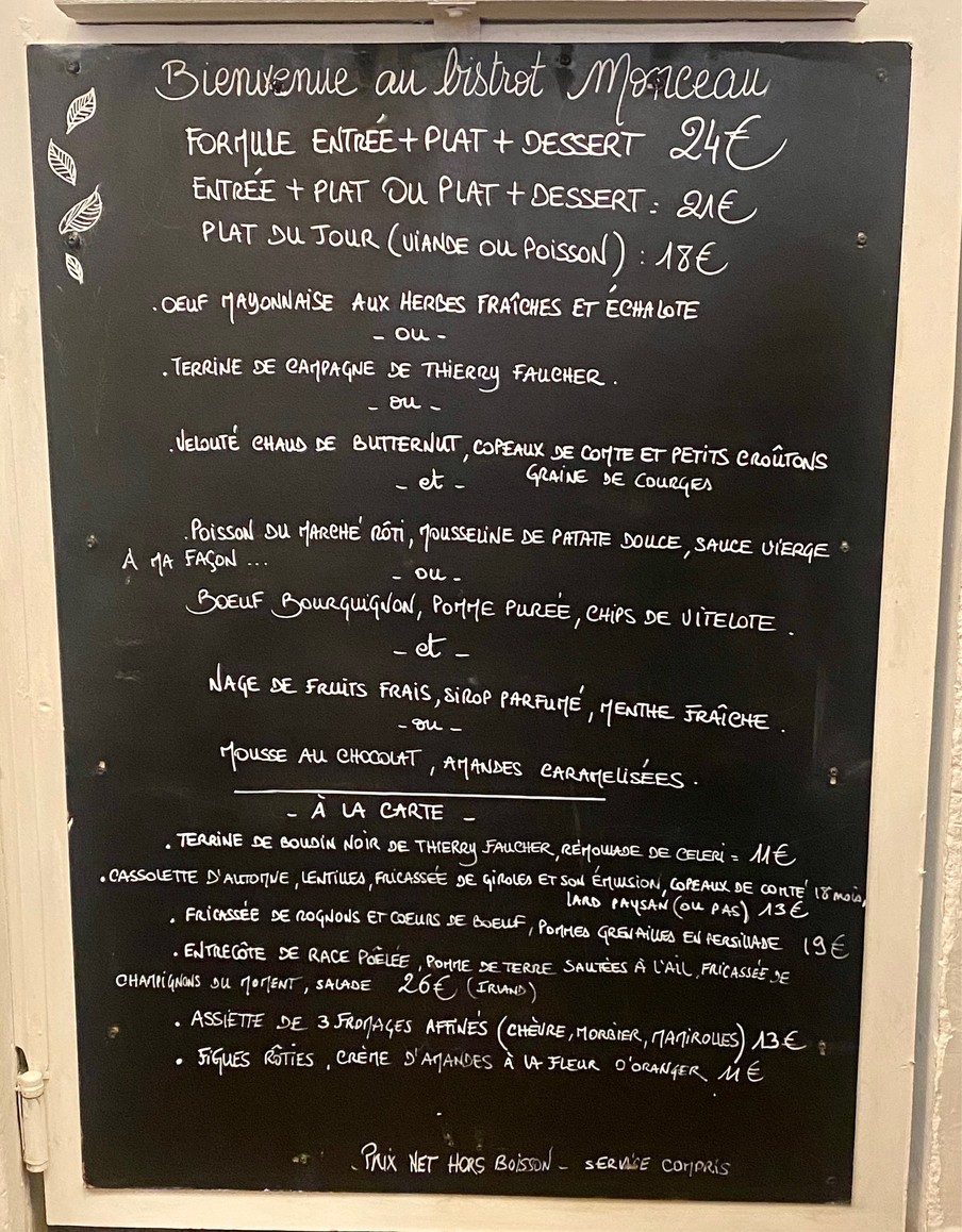 Bistrot Monceau menu 1