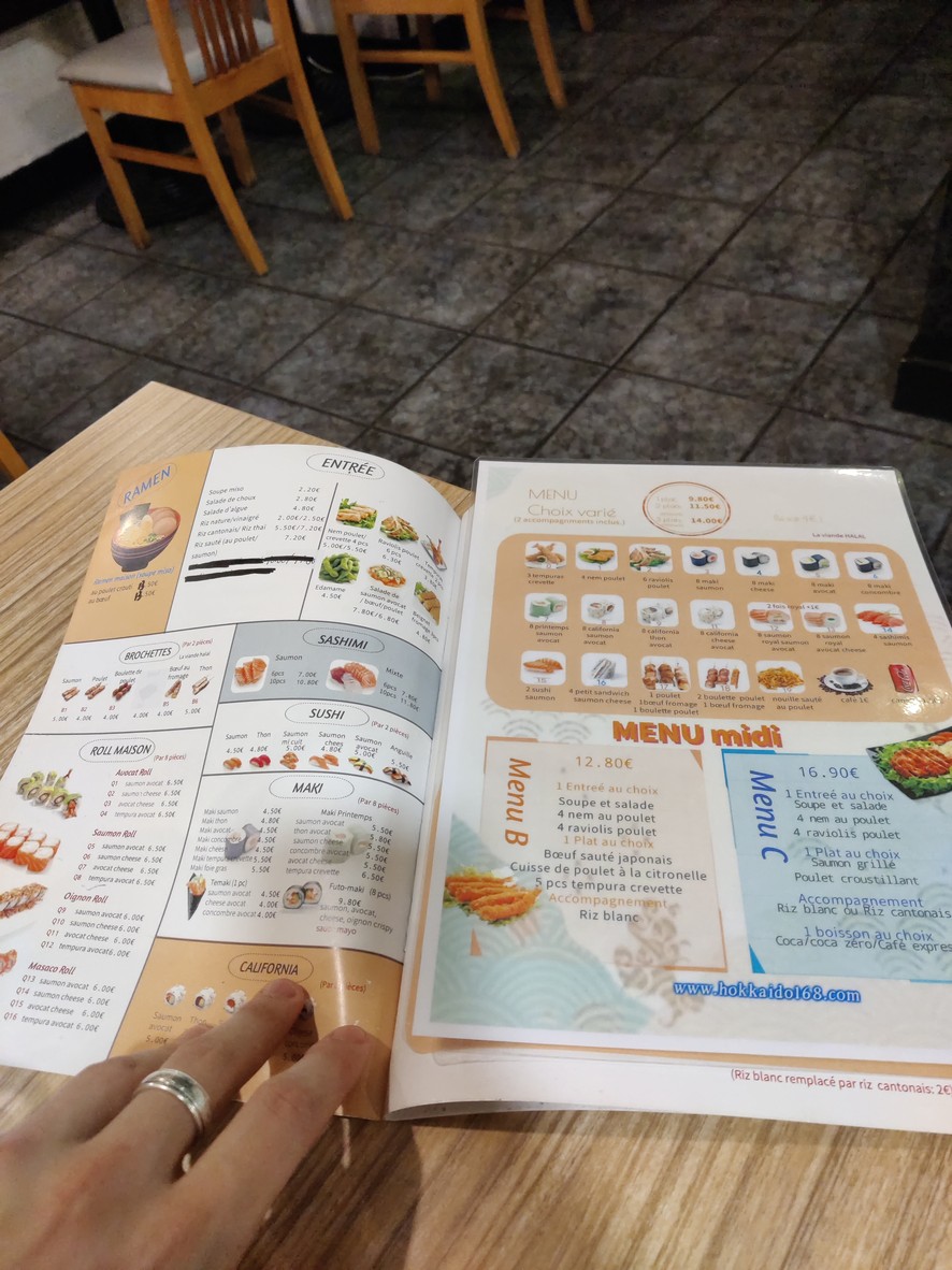 Hokkaido 168🍣🍜(RAMEN et Sushi) menu 1