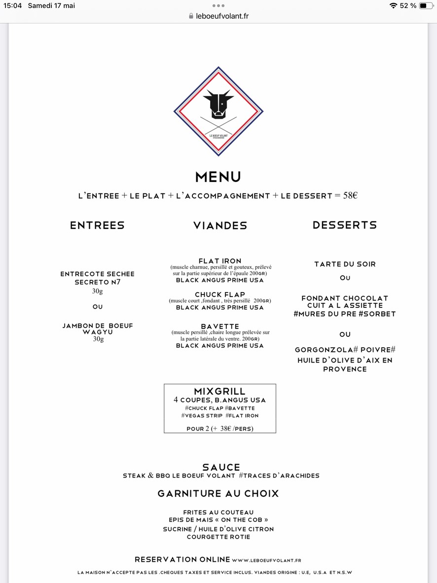 Le Bœuf Volant menu 1