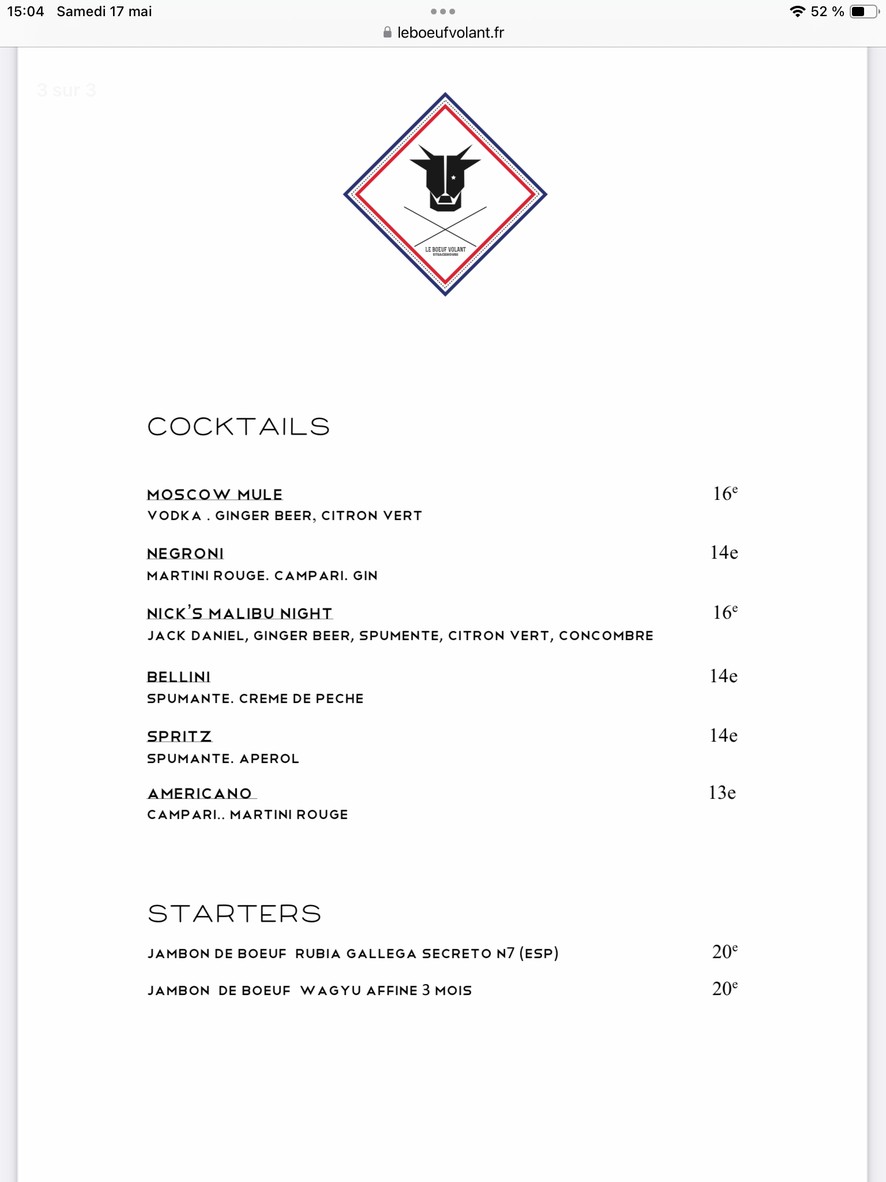 Le Bœuf Volant menu 2