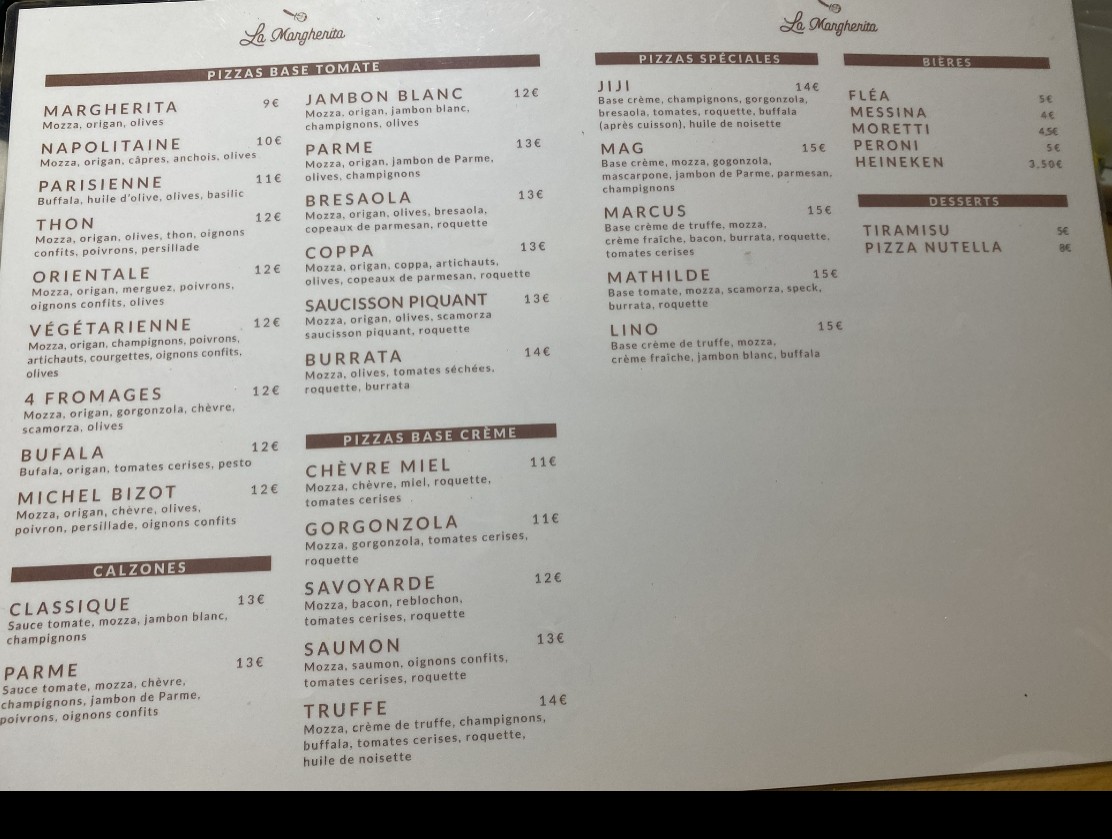 La Margherita Michel Bizot menu 1