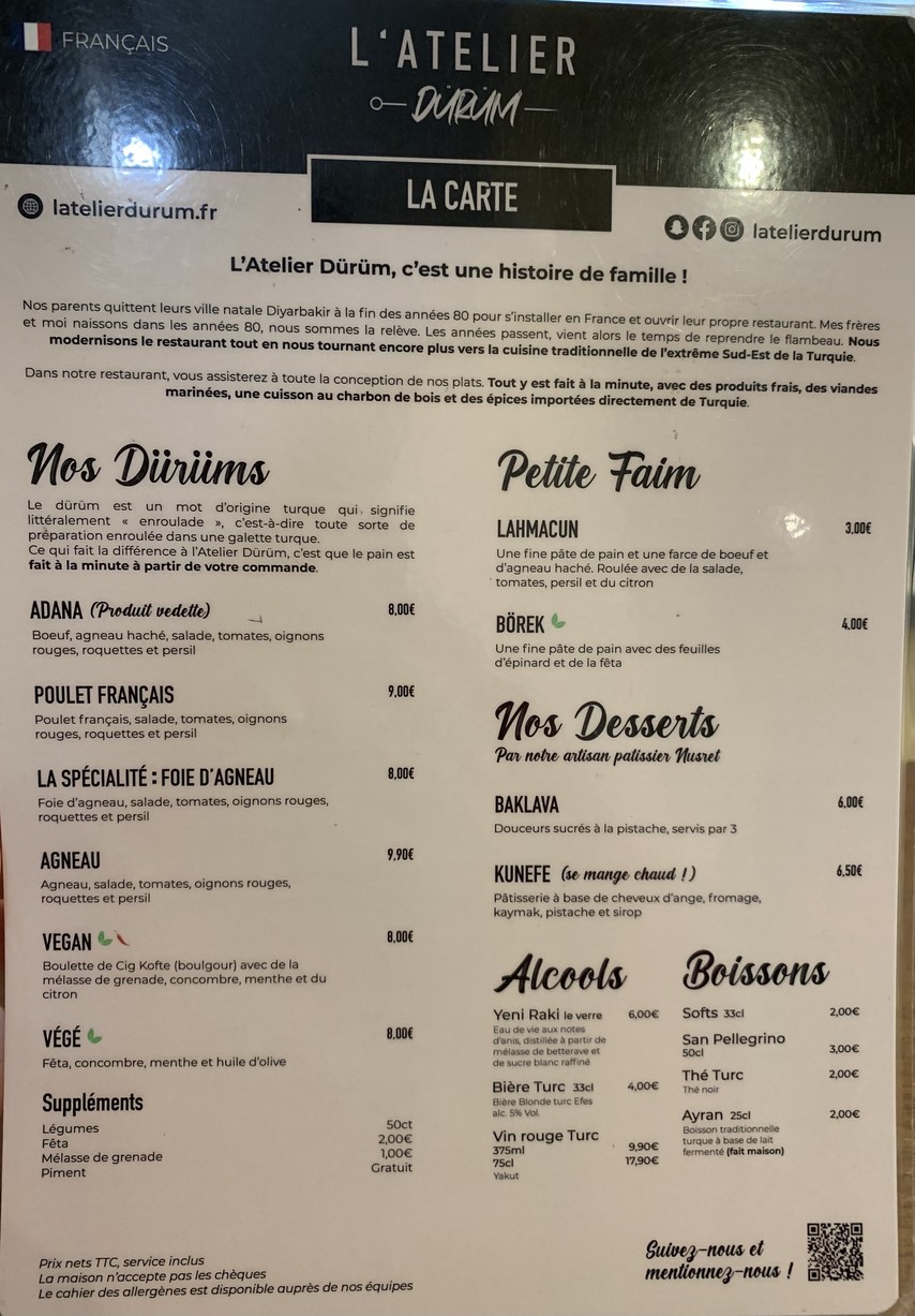 L'Atelier Dürüm menu 1