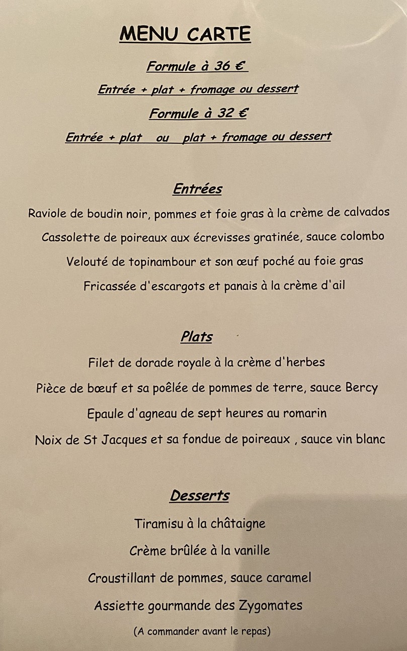 Les Zygomates menu 1