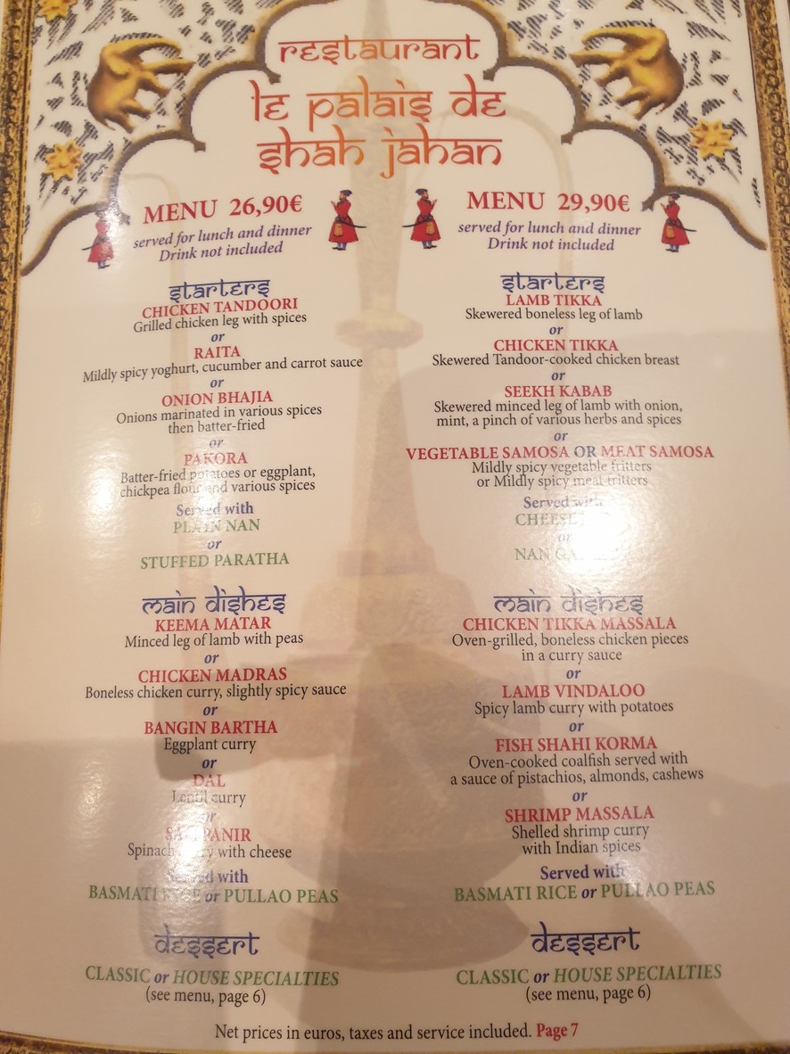 Le Palais de Shah Jahan Depuis 1987 menu 1