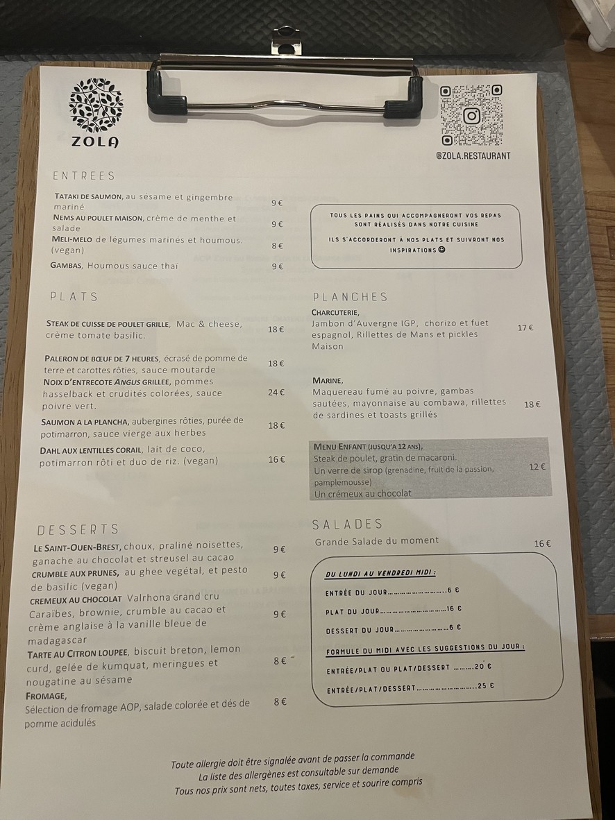 Zola Restaurant menu 1