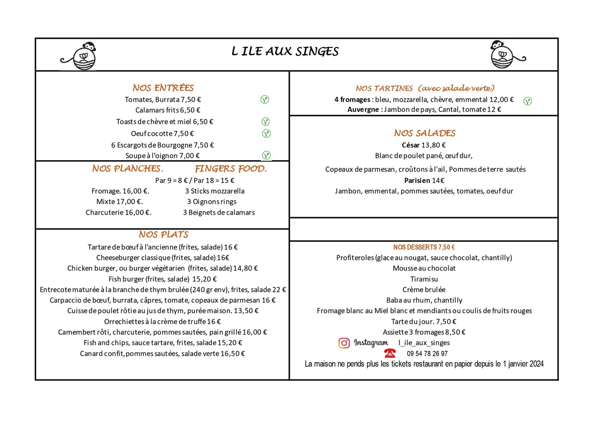 L’Île aux Singes menu 1