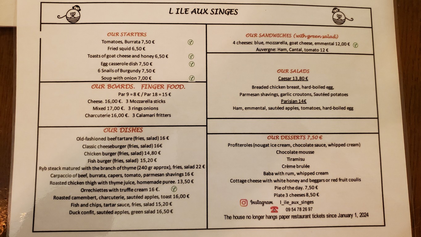 L’Île aux Singes menu 2